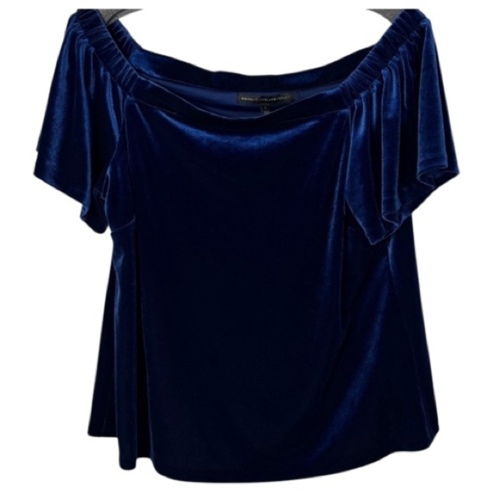 White House Black Market Top Blue‎ Velour Off Shoulder in Size L  NWT